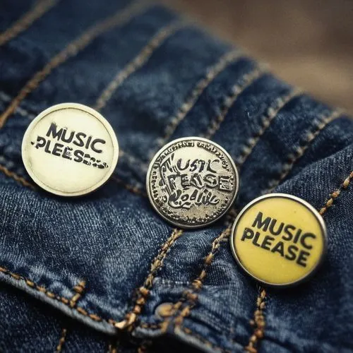 enamel pins with the words "MUSIC PLEASE" and "PUNK",a few different ons on some blue jeans,music keys,badges,music world,buttons,denim labels,pushbuttons,Photography,Documentary Photography,Documenta