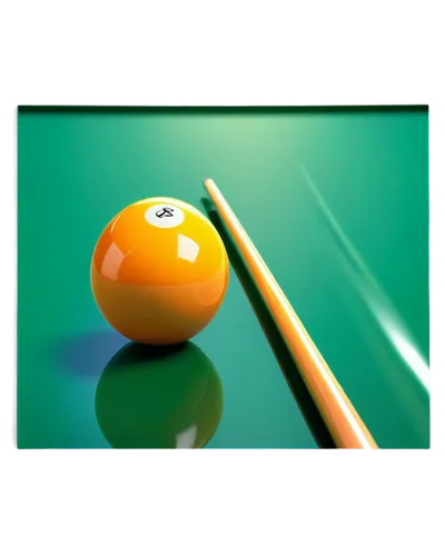 Billiard ball, solo, shiny surface, colorful, 3D reflection, detailed texture, cue stick in background, green table cloth, dramatic lighting, low-angle shot, cinematic composition, shallow depth of fi