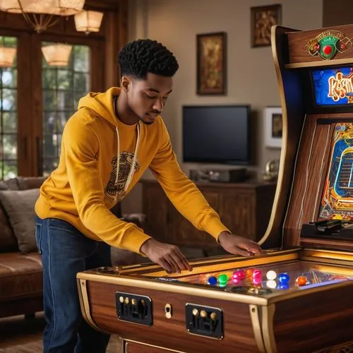 a young black man playing arcade games from the 70s,pinball,game room,jabari,derwin,arcade,bublitz,arcade games,playing room,boseman,dantley,playing,oladipo,derozan,tarik,icade,azubuike,bazemore,mahin