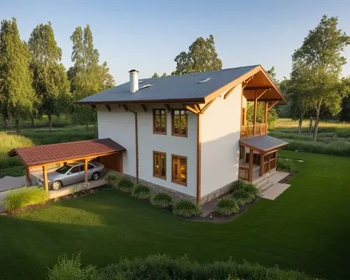 small modern house surrounded by a garden.
The walls are white. Gray roof.,this house is built on two different sides,chalet,villa,holiday villa,beautiful home,agritubel,passivhaus,Photography,General