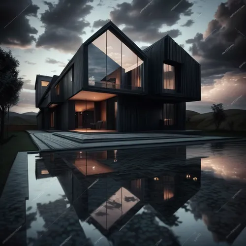 cube house,cubic house,modern house,mirror house,modern architecture,3d rendering,dunes house,cube stilt houses,glass facade,house shape,frame house,black cut glass,futuristic architecture,beautiful h