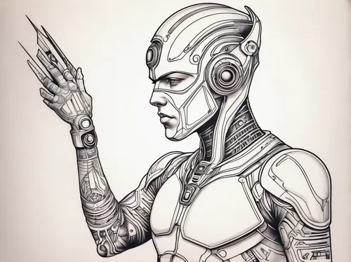 Develop a futuristic linework flash tattoo capturing the essence of technology and cybernetics.,andromeda,silver surfer,cardassian-cruiser galor class,alien warrior,humanoid,sci fi,darth talon,illogic