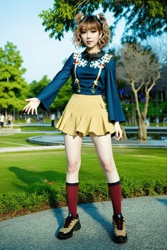 cosplay, idol, standing girl, short curly hair ,bangs, light brown color hair, wearing a dark blue top with a white cross on the chest, a yellow pleated skirt, Accessories include dark red socks reach