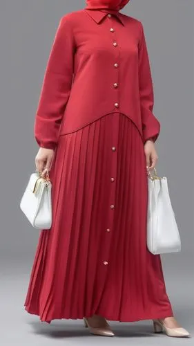 3d fashion drawing for Muslim hejab with pilesee with red dress with bottoms with pleated dress with pelisse and pleats with white bag,a women standing with three bags around her neck,lenderman,kawaku