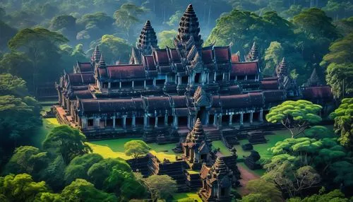 Ancient Khmer-style temple, intricate carvings, ornate decorations, golden stupas, red-tiled roofs, grandiose stone structures, lush greenery surroundings, tropical trees, Angkor Wat-inspired design, 