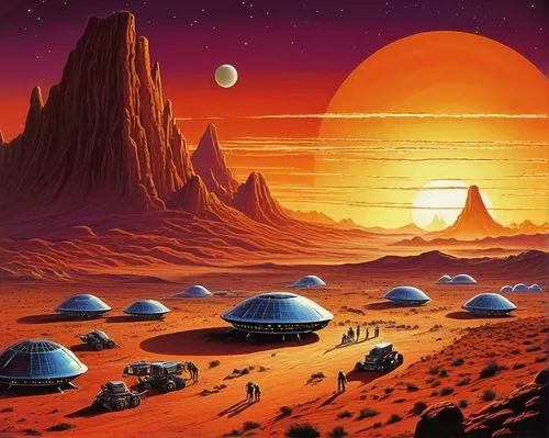 barsoom,futuristic landscape,alien planet,bonestell,alien world,farpoint,red planet,extrasolar,odomes,planet mars,homeworlds,moonbase,martians,moon valley,desert planet,arrakis,tatooine,mars,terraformer,exoplanets,Conceptual Art,Sci-Fi,Sci-Fi 20