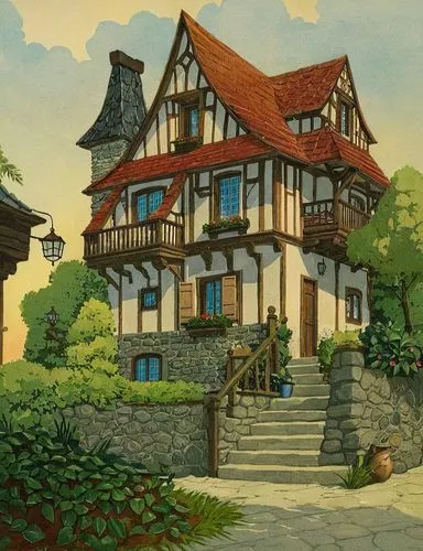 studio ghibli,ghibli,highstein,chomet,auberge,escher village,sylvania,butka,half-timbered house,witthaus,havenstein,house in the forest,landhaus,tanenhaus,knight village,miyazaki,yazaki,rodenburg,lock