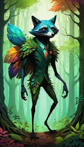 In a lush and mysterious forest, a monstrous creature hovers in mid-air, replaced by a kaleidoscope of colors. The creature is represented by a dapper burst of stoic hum, titled "Baggle," as it is "sl