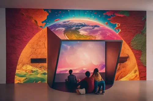 There is a small projection space protruding from the wall, where three teenagers are sitting to watch a movie. On the wall is a large, colorful, heated half of the Earth {Asia},,art gallery,mural,fut