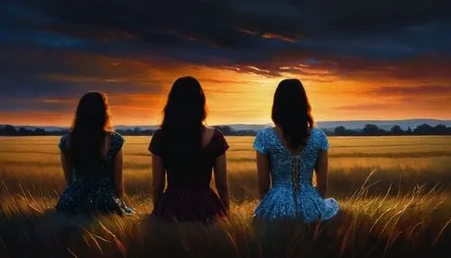 three girls standing in a wheat field at dusk,norns,skyclad,priestesses,rhinemaidens,covens,the three graces