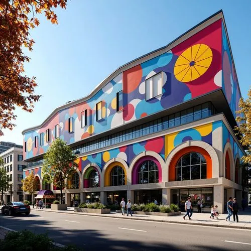 Vibrant postmodern soccer stadium, irregular fragmented facade, bold colorful graphics, asymmetrical composition, playful ornamental details, eclectic mix of materials, exposed ductwork, metallic beam