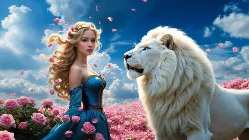 Garden of Eden, all-consuming whirlwind of love from pink rose petals, blue sky, clouds around, huge white lion,a beautiful woman standing next to a white lion,etheria,she feeds the lion,fantasy pictu