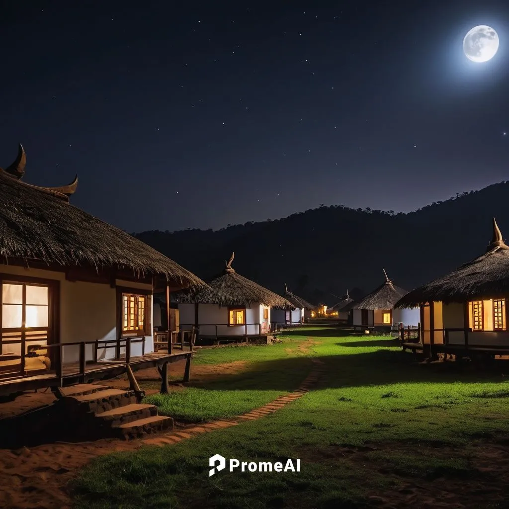 
there is a small house with a white frisbee in the yard, at night time, at night with full moon, moonlit kerala village, at night with moon light, round buildings in background, at night, nightime vi