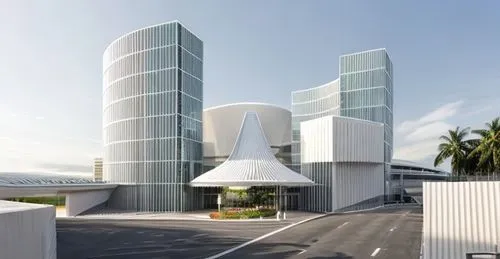 entrance, drop off, hotel, modern, curve facade, curve roof, monumental, glass facade, white, indonesia, morning, trees,coconut water concentrate plant,biotechnology research institute,modern architec