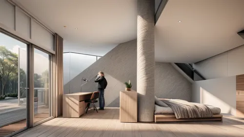 modern room,loft,sky apartment,cubic house,3d rendering,sleeping room,folding roof,concrete ceiling,smart home,dunes house,daylighting,room divider,interior modern design,modern decor,attic,canopy bed,inverted cottage,danish house,bedroom window,bedroom