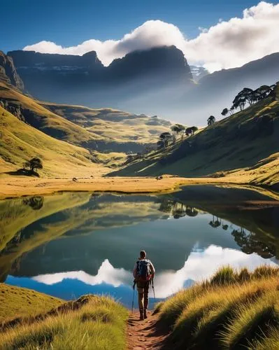 Drakensberg peaks, majestic mountain range, South Africa, misty atmosphere, rugged landscape, rocky cliffs, snow-capped peaks, evergreen trees, winding hiking trails, serene lakes, reflections of moun