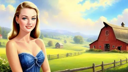 dark saturated colors, Romantic masterpiece oil painting, beautiful girl dainty sheer dress portrait, nostalgic 1950's style kitsch, Amish farmland barn, cozy familiar scenery, by Thomas Kinkade, by B