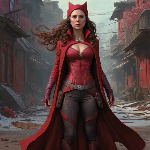 scarlet witch,red super hero,red cape,red coat,lady in red,red,avenger,red tunic,head woman,wanda,huntress,man in red dress,fantasy woman,cg artwork,red gown,superhero,red riding hood,superhero background,red background,woman walking,Illustration,Realistic Fantasy,Realistic Fantasy 28