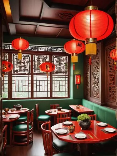 Chinese restaurant interior design, traditional Chinese decor, red lanterns, golden accents, wooden tables, round stools, intricate carvings, oriental patterns, lucky cat figurine, fish tank, bamboo s