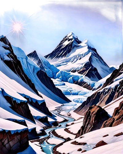 Mount Everest, majestic mountain landscape, snow-capped peak, rugged rocky terrain, icy blue glaciers, misty atmosphere, warm sunlight casting long shadows, panoramic view, 3/4 composition, shallow de