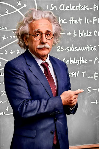 Einstein, old man, famous physicist, messy hair, wild eyebrows, wise eyes, glasses, suit, tie, holding chalk, standing in front of blackboard, complex equations, thinking pose, warm lighting, shallow 