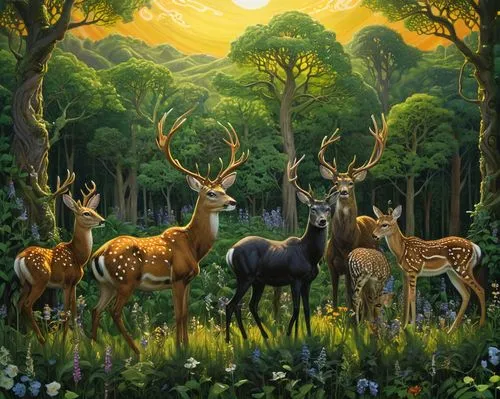 a group of animals stand together in a lush green meadow, their bodies having intricate designs and patterns. They look out from behind the tall trees, their eyes wide with wonder at what is happening