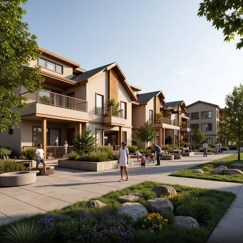 Earthy community center, regionalist architecture, warm beige tones, natural stone cladding, wooden accents, pitched roofs, dormer windows, rustic metal details, lush greenery, vibrant flowers, outdoo