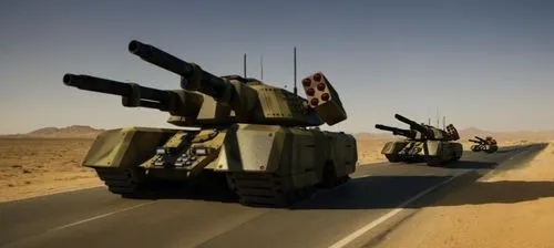 Tank column proceeding the road in desert,tanks driving down the highway in an animation,convoy,bofors,mlrs,strykers,mammoth tank