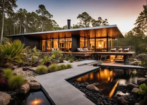 Dark Souls style, Horizon Style, create a sceneDesign a tropical mid century modern vacation house architecture with sleek lines, minimalist exterior, and innovative materials. Craft a contemporary at