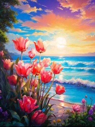 landscape background,flower painting,flower background,springtime background,splendor of flowers,spring background,sea landscape,sea of flowers,beach landscape,nature background,colorful background,background colorful,coastal landscape,flower in sunset,windows wallpaper,floral background,art painting,beautiful landscape,spring morning,seascape