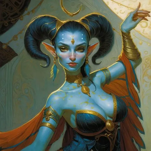 firbolg lady with a cow-like-nose and genie-outfit,the girl is wearing blue makeup and holding an elaborate orange headpiece,amidala,kalima,yavana,inara,liliana,dakini,Illustration,Realistic Fantasy,R