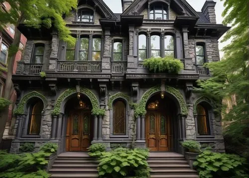 Reilly-style architecture, grandiose building, Victorian-era inspiration, intricate stone carvings, ornate facades, pointed arches, stained glass windows, rusticated quoins, majestic entrance with hea