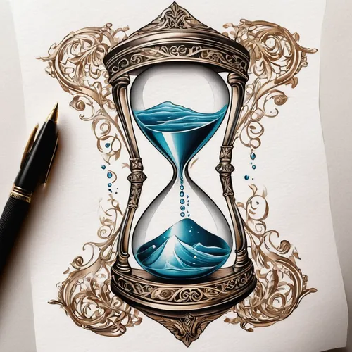 Imagine an elegant hourglass tattoo with delicate shading and intricate details, symbolizing the balance between life and death.,hourglass,flow of time,time spiral,ornate pocket watch,medieval hourgla