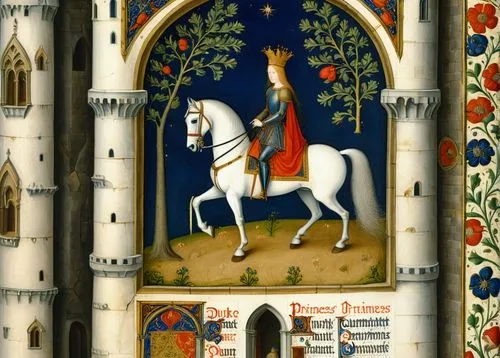 Style of the image from the "Magnificent Book of Hours of the Duke of Berry" by the Limbourg brothers, Illuminated manuscript. In the lower right corner, a medieval mounted knight in armor, a helmet w