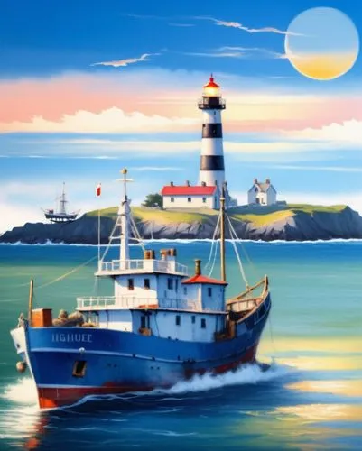 a fishing ship moves to the lighthouse in the distance, the lighthouse has black stripe and  top,a large boat in the water near a lighthouse,lighthouses,lighthouse,lightkeeper,light house,hatteras,lig