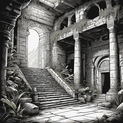 crypts,piranesi,labyrinthian,ancient city,ruins,hall of the fallen,ancient ruins,stone stairway,undercity,dungeon,ravenloft,ancient house,mausoleum ruins,ancient buildings,castle of the corvin,stone palace,ruin,stone stairs,the ruins of the,undermountain,Illustration,Black and White,Black and White 04