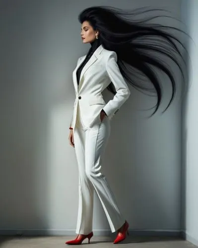 super exaggerated very long black hair with some red lining inside, red shoes, black shirt, white suit,loreen,homogenic,taraji,kaliopi,scherzinger,woman in menswear,vassy,shobna,guarnaschelli,dolcener