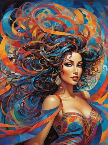 fantasy woman,boho art,oil painting on canvas,psychedelic art,fantasy art,medusa,glass painting,art painting,painting technique,fantasia,wind wave,flame spirit,fire artist,siren,swirling,sorceress,wonderwoman,gypsy soul,andromeda,oil painting,Conceptual Art,Sci-Fi,Sci-Fi 24