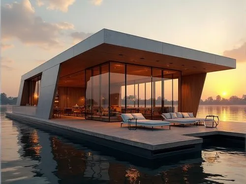 Modern boathouse, innovative facade design, streamline moderne, waterfront, lake, river, sunset, warm golden light, reflective calm water, overhanging wooden roof, large glass windows, minimalist inte