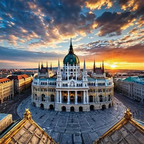 Hungarian architecture, grand, ornate, Baroque style, intricate stone carvings, ornamental facades, golden domes, Gothic spires, medieval, Renaissance influence, Budapest Parliament Building, St. Step