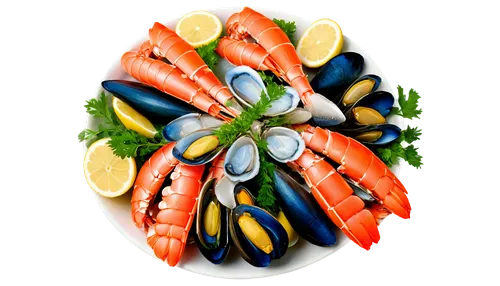 Fresh seafood, assorted platter, colorful arrangement, raw fish slices, juicy shrimp, steamed mussels, clams, oysters, crab legs, lobster claws, ice bed, lemons, parsley garnish, studio lighting, high