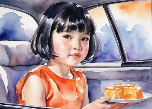 girl in car,girl and car,girl with bread-and-butter,girl washes the car,car drawing,watercolor painting,Conceptual Art,Oil color,Oil Color 03