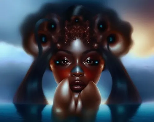 Beautiful nigerian girl, full dark curly hair, big dark almond eyes, full red lips, misty sky,an image of a woman with very weird eyes,oshun,vodun,obatala,nephthys,jarawa,djinn,Illustration,Realistic 