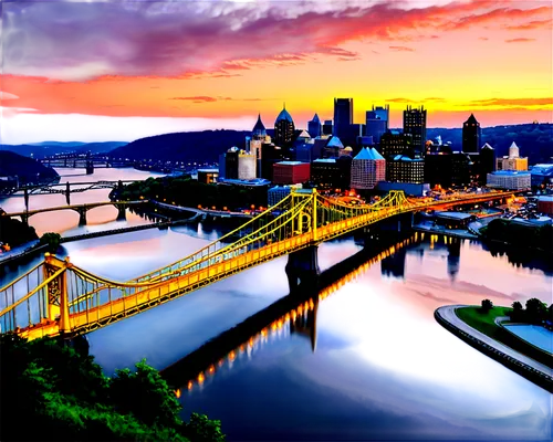 Pittsburgh cityscape, yellow bridges, steel arches, Allegheny River, Mount Washington, incline, historic district, brick buildings, rusty industrial pipes, vintage streetlights, cloudy sky, warm sunse