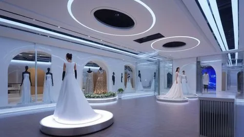 some dresses are in a white room and all have mannequins,futuristic art museum,spaceship interior,showrooms,boutiques,ufo interior,dress shop,Photography,General,Realistic