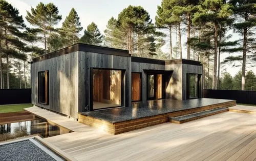 the terrace is covered with black planks,the small house sits on a wooden platform near the pond,3d rendering,modern house,cubic house,prefab,wooden decking,timber house,Photography,General,Realistic