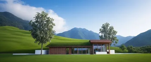 Modern luxry villa,วิวหลังภูเขา,ท้องฟ้าสดใส,พื้นหญ้าเขียว,ทุ่งดอกไม้สีฟ้า,3d rendering,house in mountains,home landscape,render,house in the mountains,modern house,green lawn,3d render,landscape backg