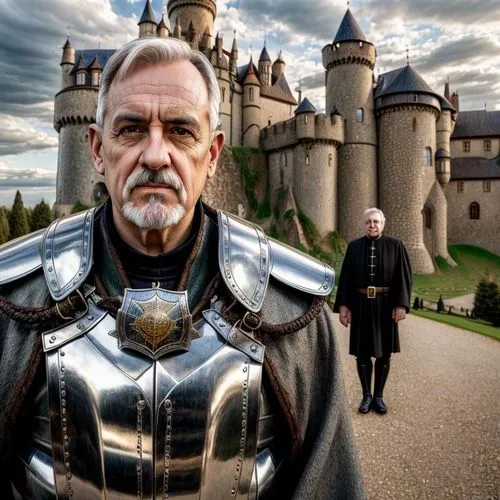 The picture shows two men in front of a medieval castle. The man in the foreground is at the center of the picture. He is an older man with grey hair and a moustache, wearing shiny silver armor with a