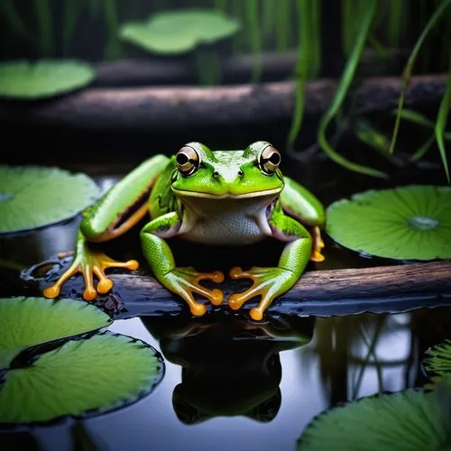 Frog-snake hybrid, green scaly skin, bulging eyes, sharp teeth, long tongue, slender body, coiled pose, swampy environment, misty atmosphere, old wooden dock, murky water, lily pads, twisted roots, di