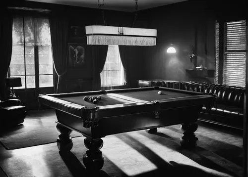 billiard room,billiard table,recreation room,english billiards,carom billiards,billiards,bar billiards,billiard,nine-ball,a dark room,poker table,wade rooms,billiard ball,board room,the living room of a photographer,black table,appomattox court house,pocket billiards,snooker,cue stick,Photography,Black and white photography,Black and White Photography 08